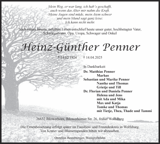 Traueranzeige von Heinz-Günther Penner 