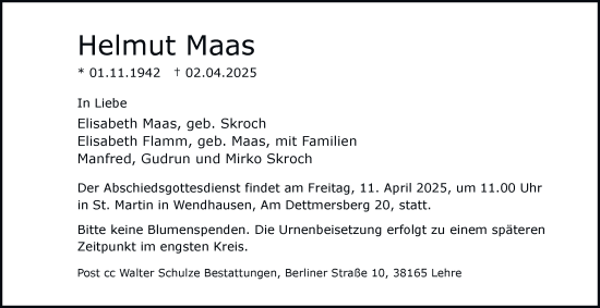Traueranzeige von Helmut Maas 
