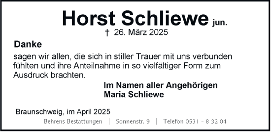 Traueranzeige von Horst Schliewe 