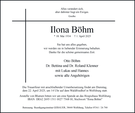 Traueranzeige von Ilona Böhm 
