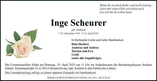 Traueranzeige von Inge Scheurer 