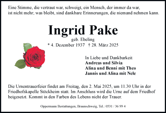 Traueranzeige von Ingrid Pake 