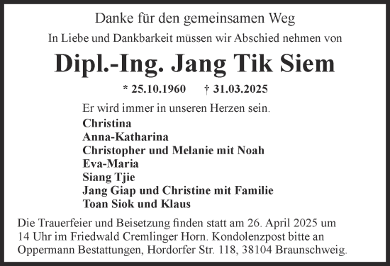 Traueranzeige von Jang Tik Siem 
