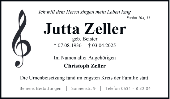 Traueranzeige von Jutta Zeller 