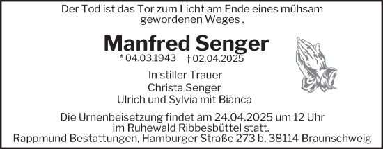 Traueranzeige von Manfred Senger 