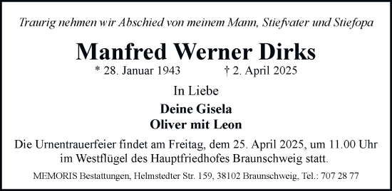 Traueranzeige von Manfred Werner Dirks 
