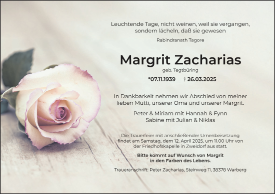 Traueranzeige von Margrit Zacharias von Peiner Nachrichten