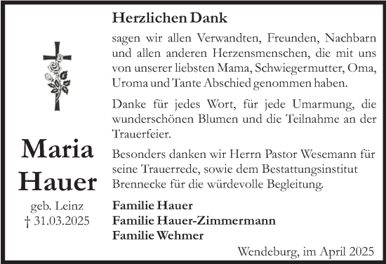 Traueranzeige von Maria Hauer von Peiner Nachrichten
