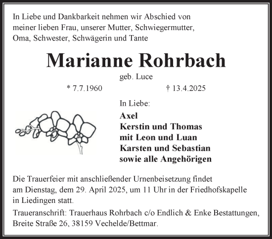 Traueranzeige von Marianne Rohrbach von Peiner Nachrichten