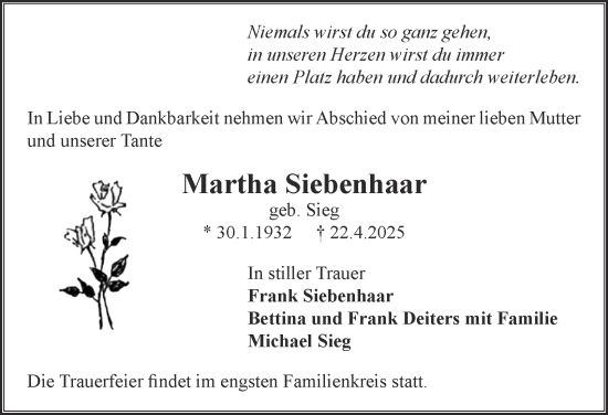 Traueranzeige von Martha Siebenhaar von Salzgitter-Zeitung
