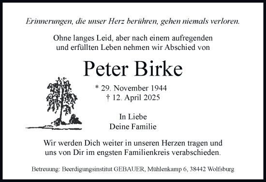 Traueranzeige von Peter Birke von Helmstedter Nachrichten