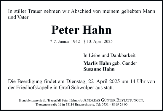 Traueranzeige von Peter Hahn 