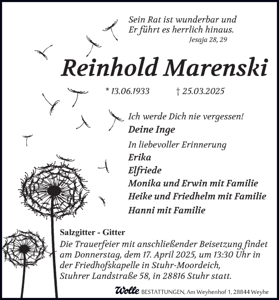 Traueranzeige von Reinhold Marenski von Salzgitter-Zeitung