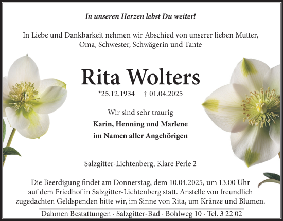 Traueranzeige von Rita Wolters von Salzgitter-Zeitung