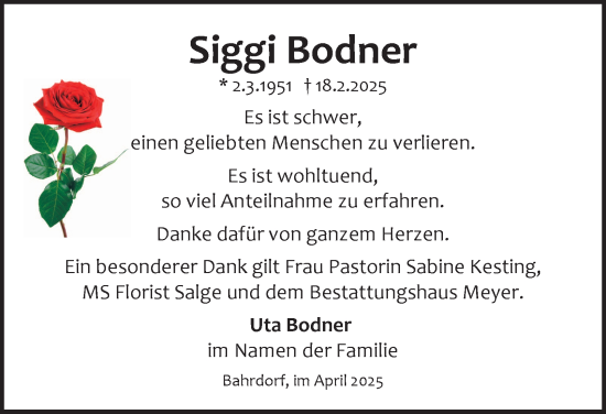 Traueranzeige von Siggi Bodner von Helmstedter Nachrichten