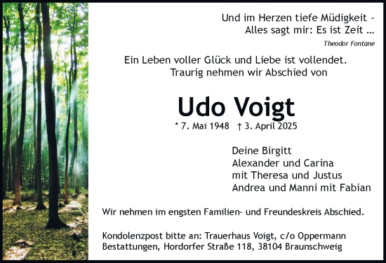 Traueranzeige von Udo Voigt 