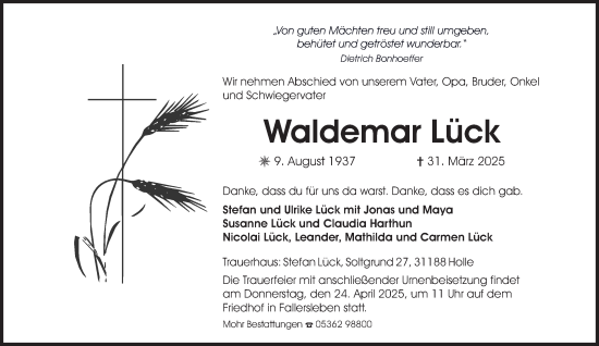 Traueranzeige von Waldemar Lück 