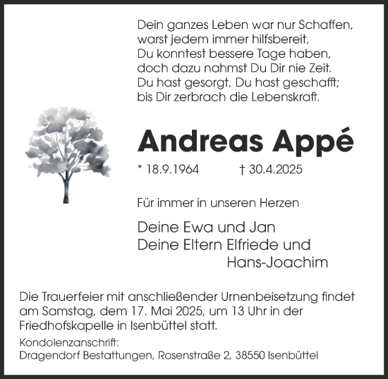 Traueranzeige von Andreas Appé 