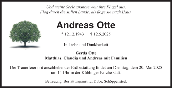 Traueranzeige von Andreas Otte von Wolfenbütteler Zeitung