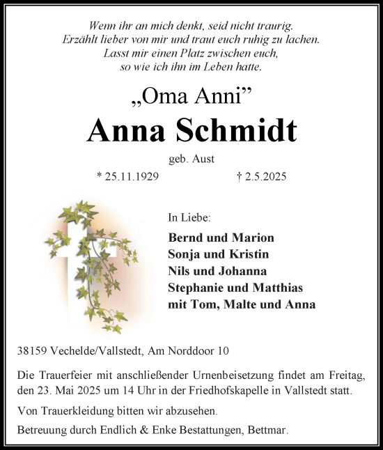 Traueranzeige von Anna Schmidt 