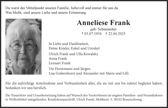 Traueranzeige von Anneliese Frank von Wolfenbütteler Zeitung