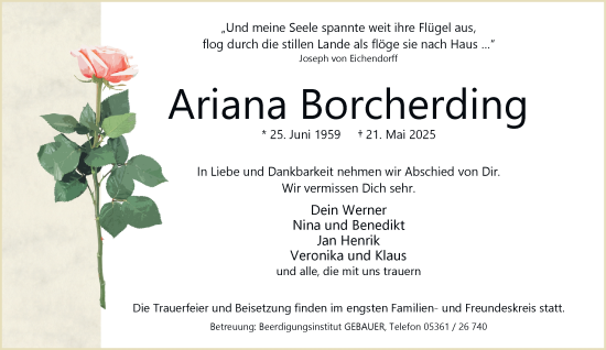 Traueranzeige von Ariana Borcherding 