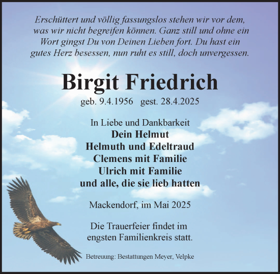 Traueranzeige von Birgit Friedrich von Helmstedter Nachrichten
