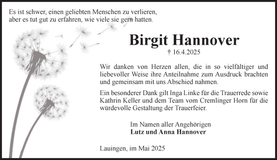 Traueranzeige von Birgit Hannover von Helmstedter Nachrichten