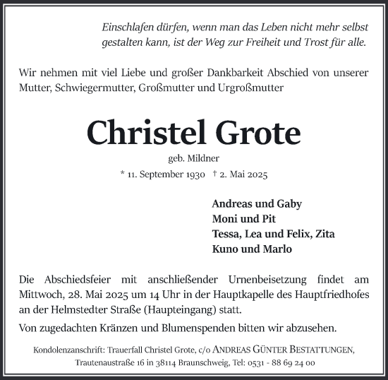 Traueranzeige von Christel Grote 