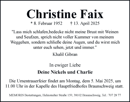 Traueranzeige von Christine Faix 