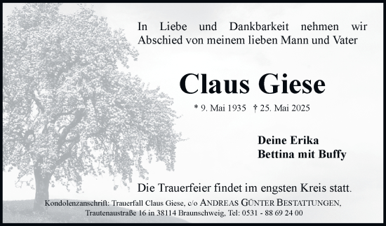 Traueranzeige von Claus Giese 