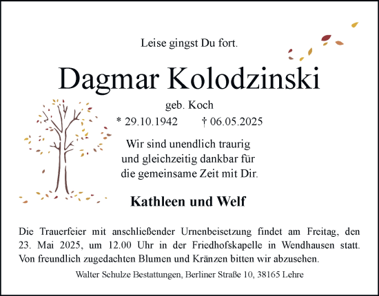 Traueranzeige von Dagmar Kolodzinski 