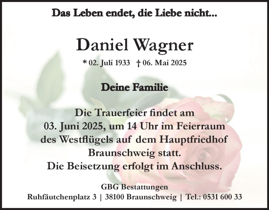 Traueranzeige von Daniel Wagner 
