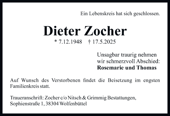 Traueranzeige von Dieter Zocher von Wolfenbütteler Zeitung