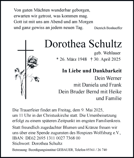 Traueranzeige von Dorothea Schultz 