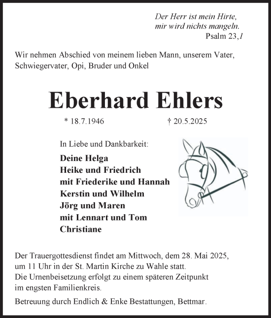 Traueranzeige von Eberhard Ehlers von Peiner Nachrichten