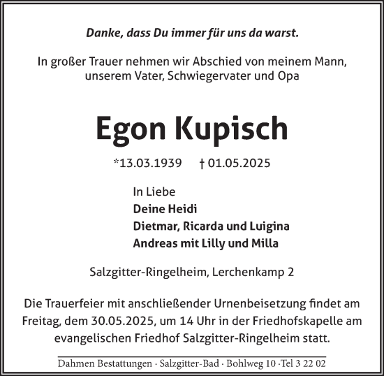 Traueranzeige von Egon Kupisch von Salzgitter-Zeitung