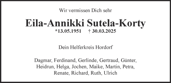 Traueranzeige von Eila-Annikki Sutela-Korty 