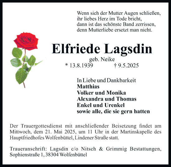 Traueranzeige von Elfriede Lagsdin von Wolfenbütteler Zeitung