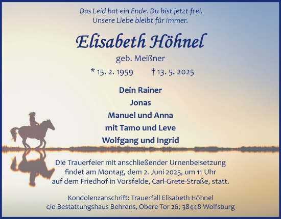Traueranzeige von Elisabeth Höhnel 