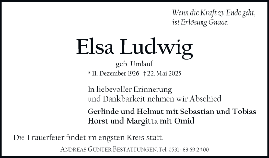 Traueranzeige von Elsa Ludwig 