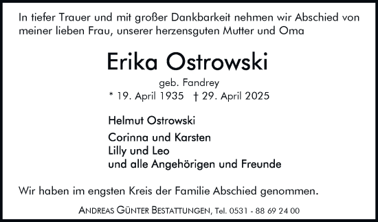 Traueranzeige von Erika Ostrowski 