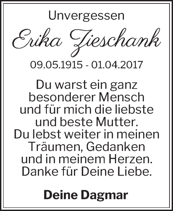 Traueranzeige von Erika Zieschank 