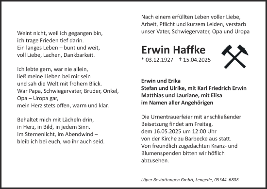 Traueranzeige von Erwin Haffke von Peiner Nachrichten