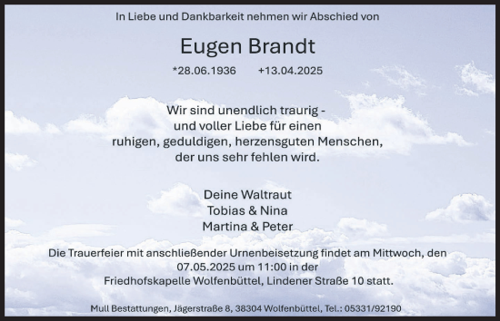 Traueranzeige von Eugen Brandt von Wolfenbütteler Zeitung