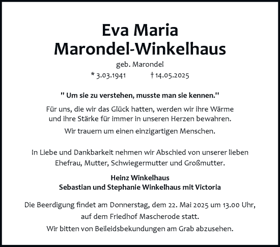 Traueranzeige von Eva Maria Marondel-Winkelhaus 