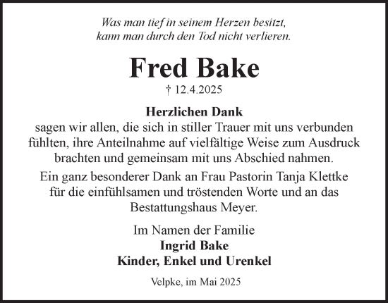 Traueranzeige von Fred Bake 