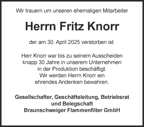 Traueranzeige von Fritz Knorr 