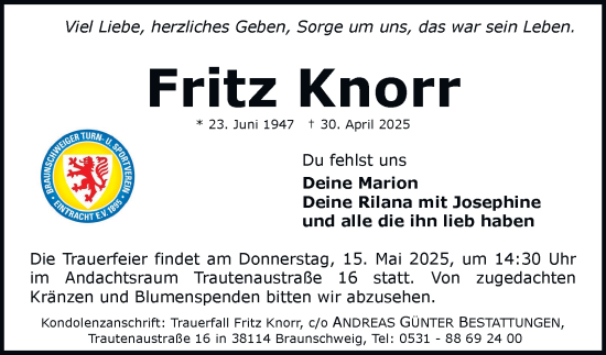 Traueranzeige von Fritz Knorr 