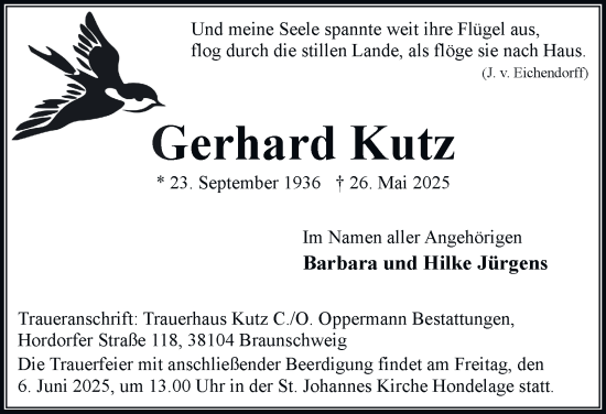 Traueranzeige von Gerhard Kutz 